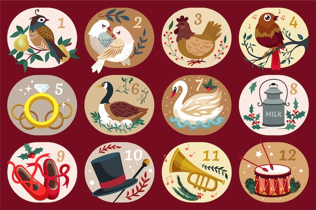 Hand drawn flat 12 days of christmas illustration