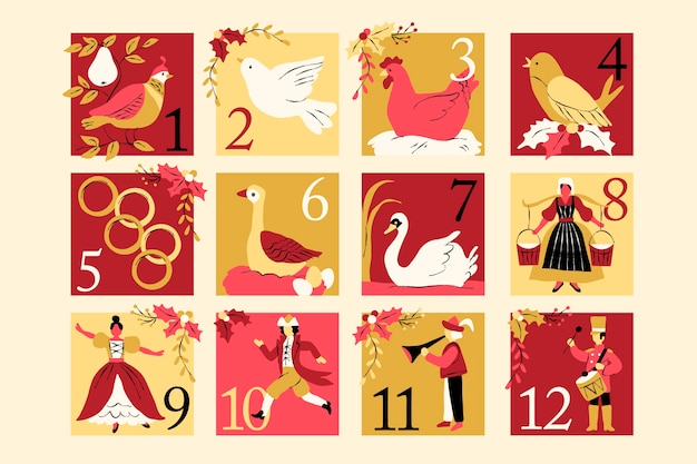 Hand drawn flat 12 days of christmas illustration