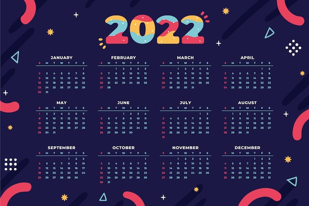 Vettore modello di calendario piatto 2022 disegnato a mano