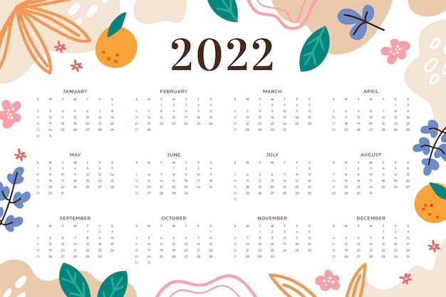 Vector hand drawn flat 2022 calendar template