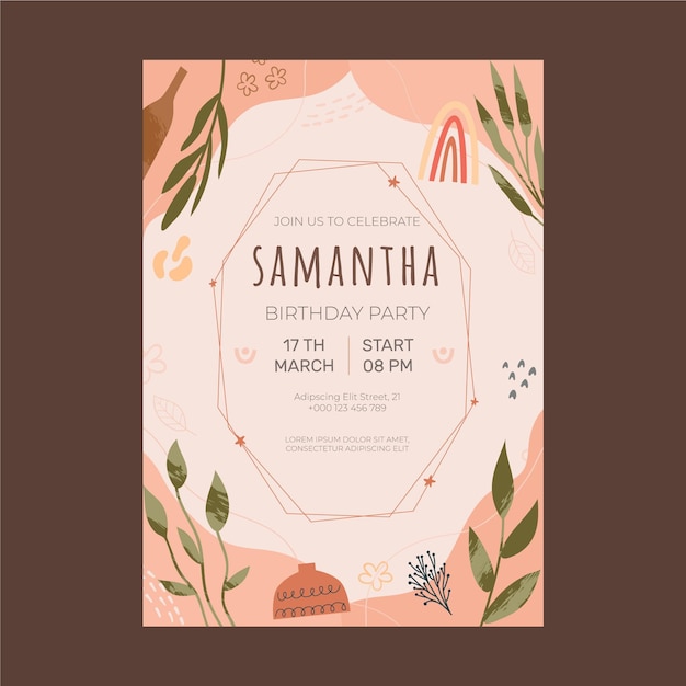 Hand drawn flat abstract shapes birthday invitation template