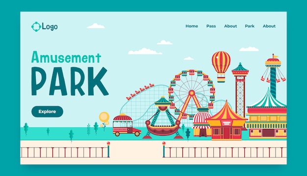 Vector hand drawn flat amusement park landing page