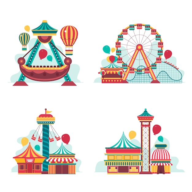 Vector hand drawn flat amusement park mini composition set