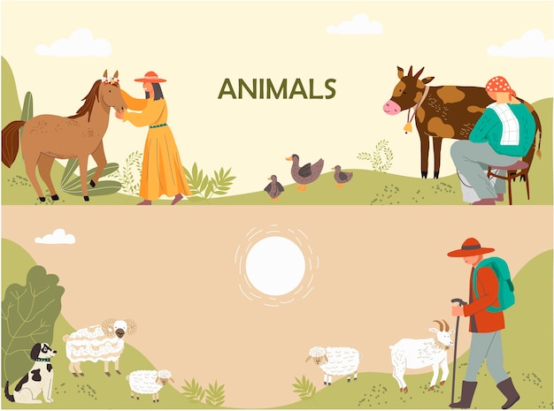 Hand drawn flat animal composition banner set