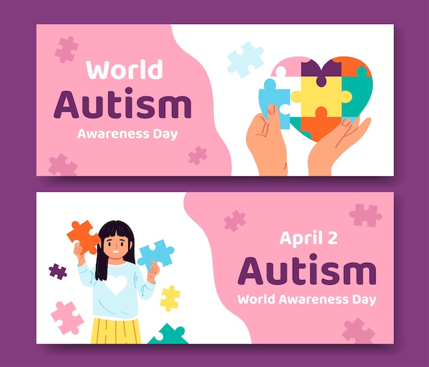 Hand drawn flat autism day horizontal banner template set with puzzle pieces