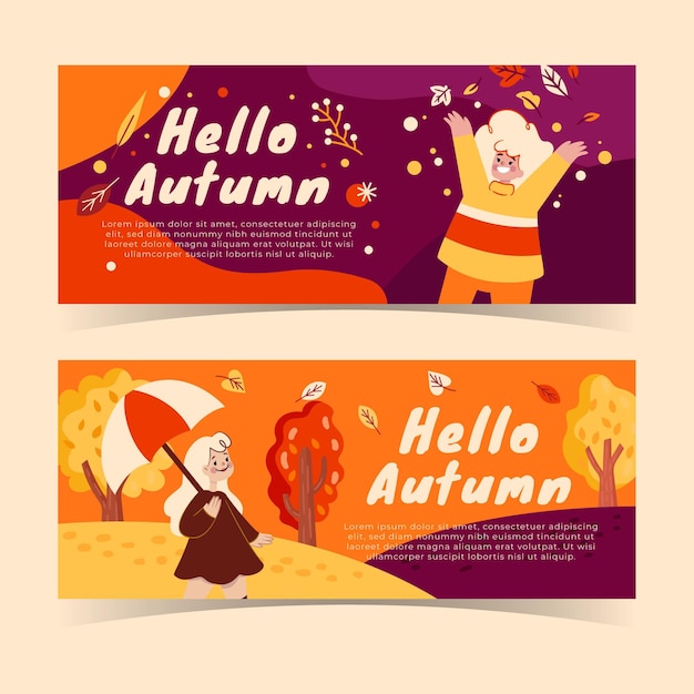 Hand drawn flat autumn horizontal banners set