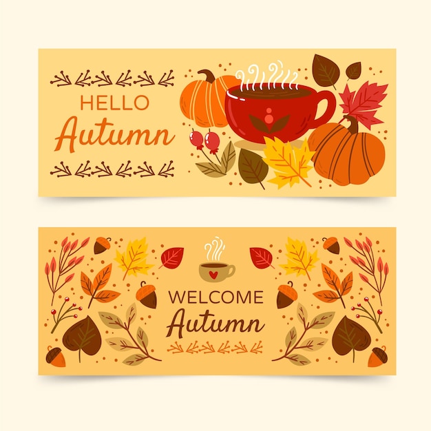 Vector hand drawn flat autumn horizontal banners set