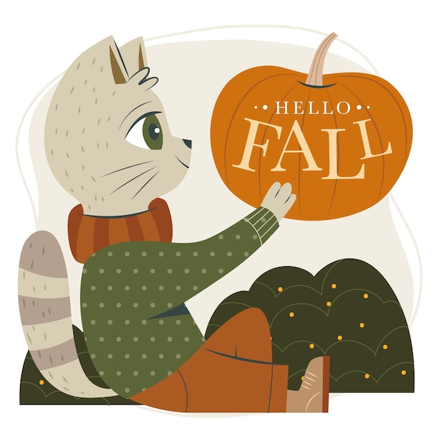 Hand drawn flat autumn illustration with cat holding pumpkin