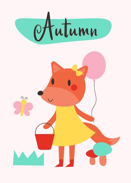 Hand drawn flat autumn illustration with fox and balloon autumn phrases with cute and cozy design elements decorative bundle vector eps 10