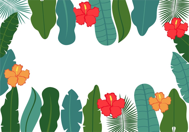 Vector 手描きの平らな秋の熱帯の葉と花の境界