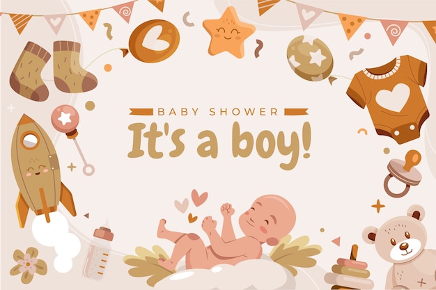 Vector hand drawn flat baby shower background for a boy with a baby and toys