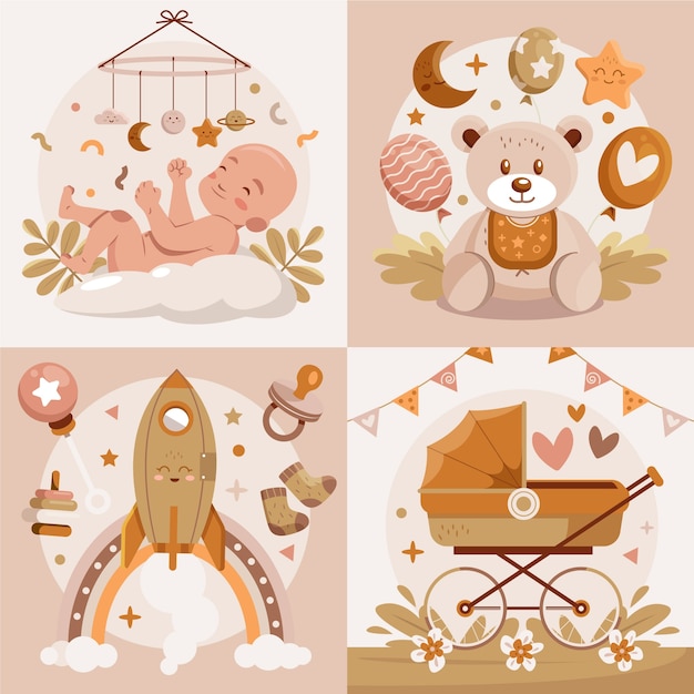 Vector hand drawn flat baby shower illustration set with a baby and toys