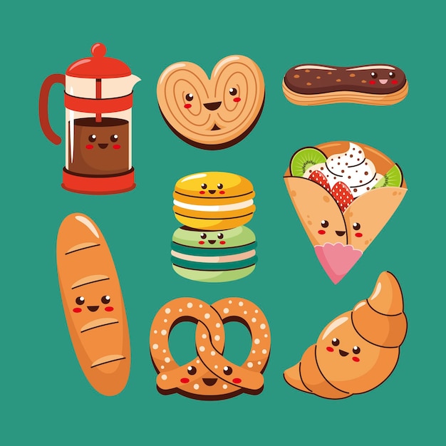 Vector hand drawn flat bakery foods kawaii