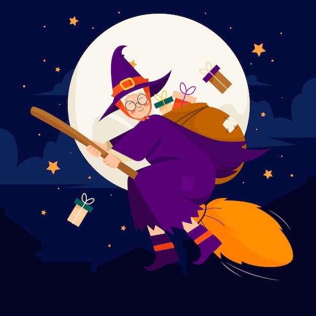 Vector hand drawn flat befana illustration