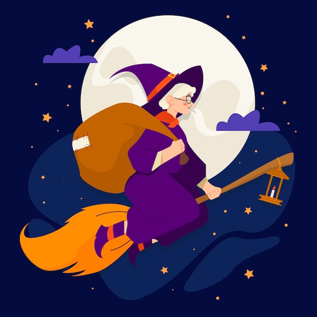 Vector hand drawn flat befana illustration