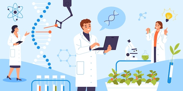 벡터 과학자들과 함께 손으로 그려진 평평한 생명공학 구성 배경.