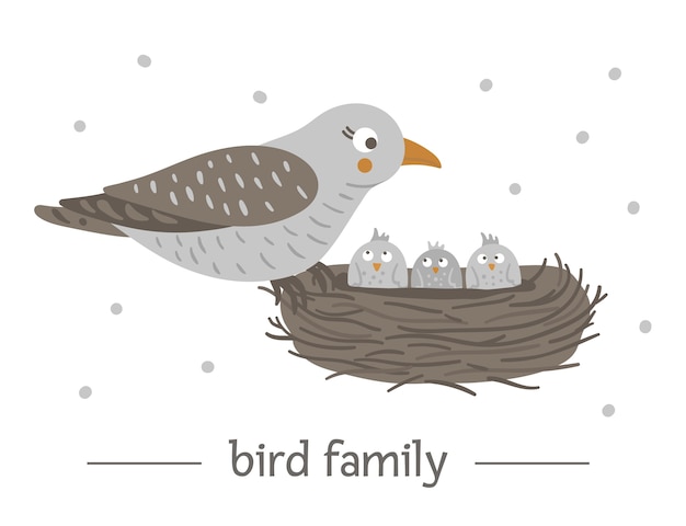 Вектор Рисованной плоской птицы, сидящей на гнезде с яйцами.