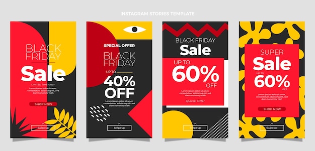 Collezione di storie di instagram flat black friday disegnate a mano