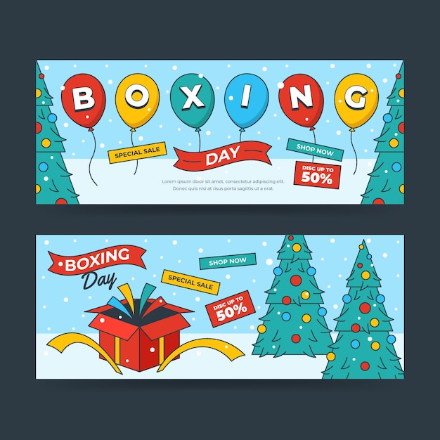 Vector hand drawn flat boxing day sale horizontal banners set