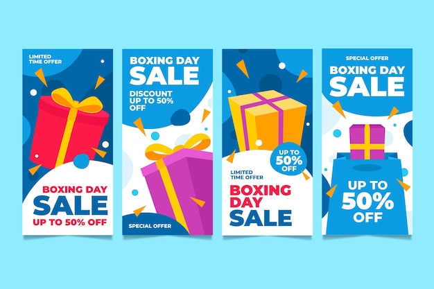 Vector hand drawn flat boxing day sale instagram stories collection