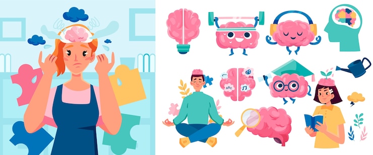Vector hand drawn flat brain icons with illustration