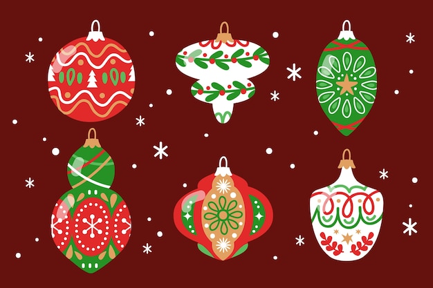 手描きのフラットクリスマスボールオーナメントコレクション