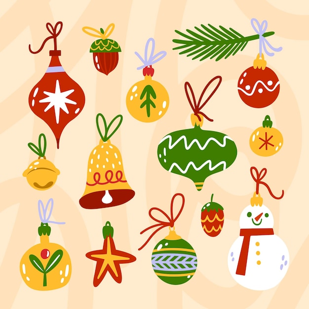 Vector hand drawn flat christmas ball ornaments collection