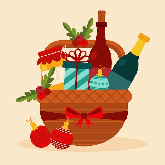 Vector hand drawn flat christmas basket illustration