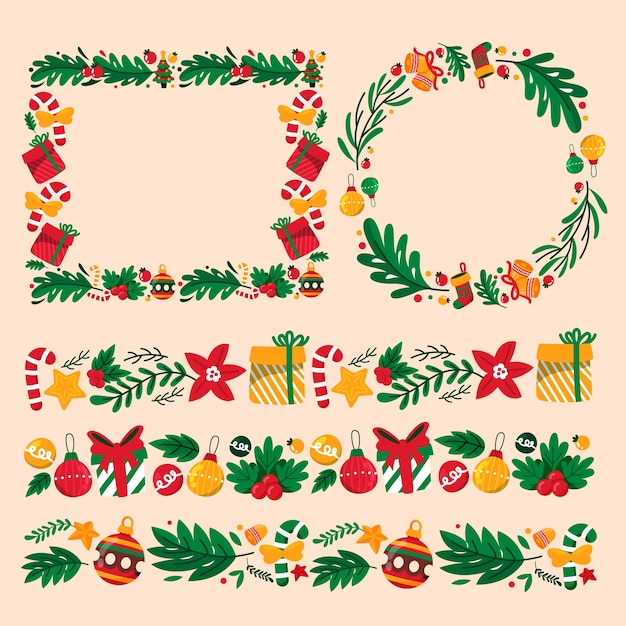 Vector hand drawn flat christmas frames and borders collection