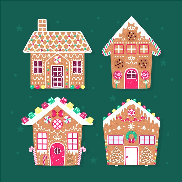 Hand drawn flat christmas gingerbread houses collection