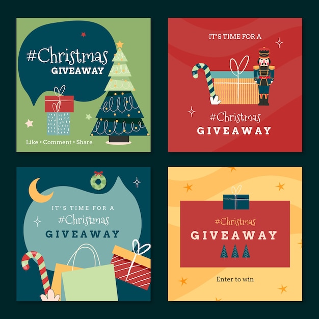 Vettore collezione di post di instagram regalo di natale piatto disegnato a mano