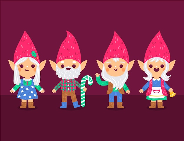 Hand drawn flat christmas gnomes collection