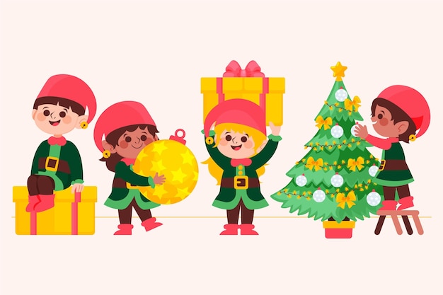 ベクトル 手描きのフラットクリスマスノームコレクション