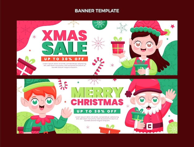 Vector hand drawn flat christmas horizontal banners set