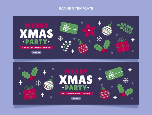 Vector hand drawn flat christmas horizontal banners set