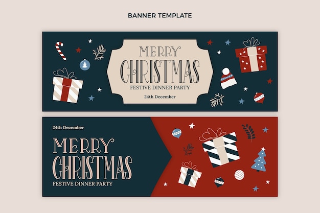 Vector hand drawn flat christmas horizontal banners set