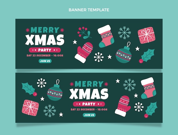 Vector hand drawn flat christmas horizontal banners set