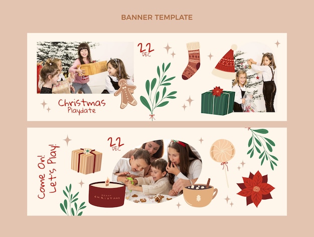 Vector hand drawn flat christmas horizontal banners set