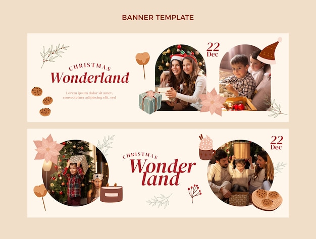 hand drawn flat christmas horizontal banners set