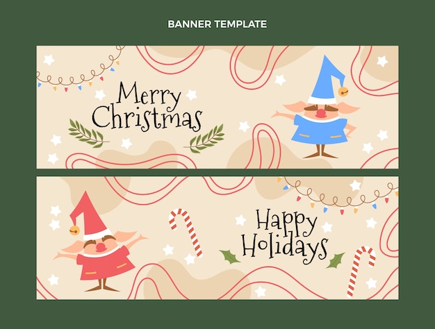 Vector hand drawn flat christmas horizontal banners set