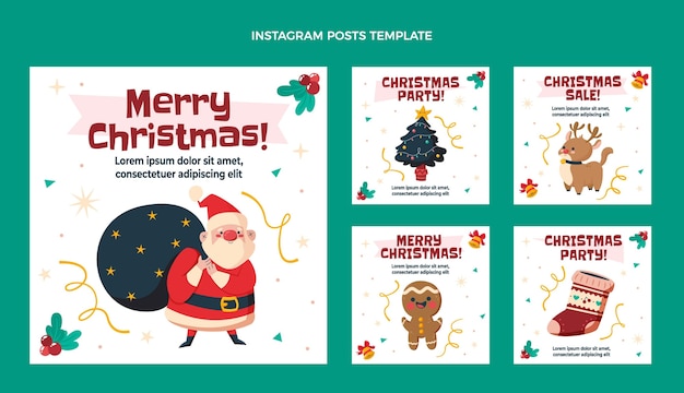 Vector hand drawn flat christmas instagram posts collection