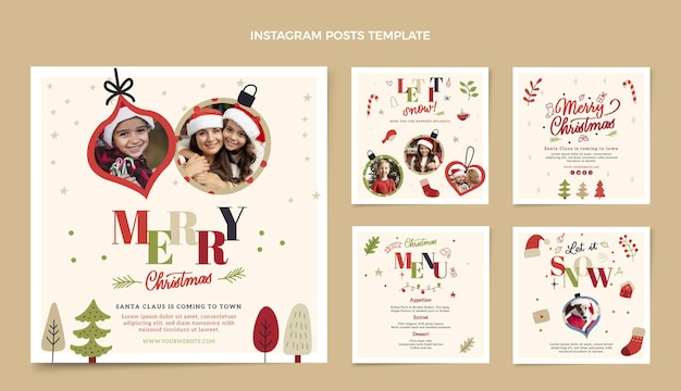 Vector hand drawn flat christmas instagram posts collection