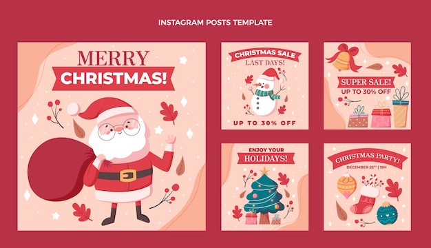 Hand drawn flat christmas instagram posts collection