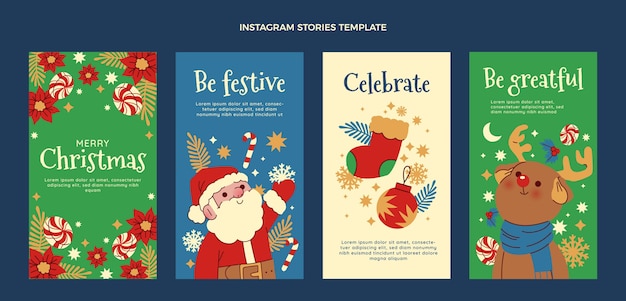 Vector hand drawn flat christmas instagram stories collection