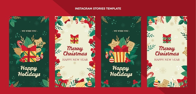 Vettore collezione di storie di instagram di natale piatto disegnato a mano