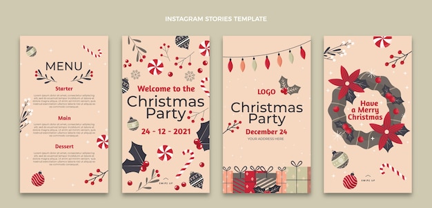 Collezione di storie di instagram di natale piatto disegnato a mano