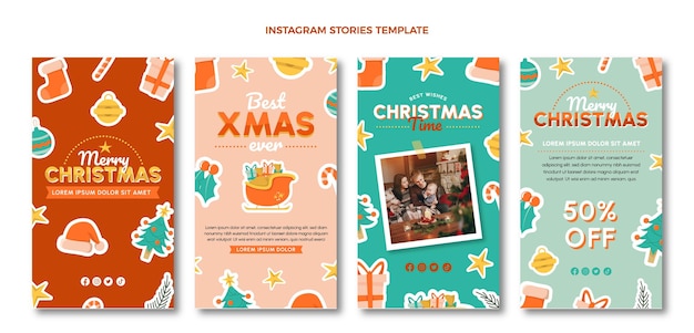 Vector hand drawn flat christmas instagram stories collection
