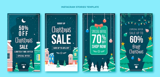 Collezione di storie di instagram di natale piatto disegnato a mano