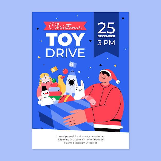 Vector hand drawn flat christmas toy drive poster template