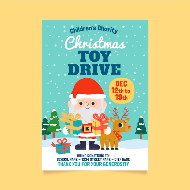 Vector hand drawn flat christmas toy drive vertical poster template